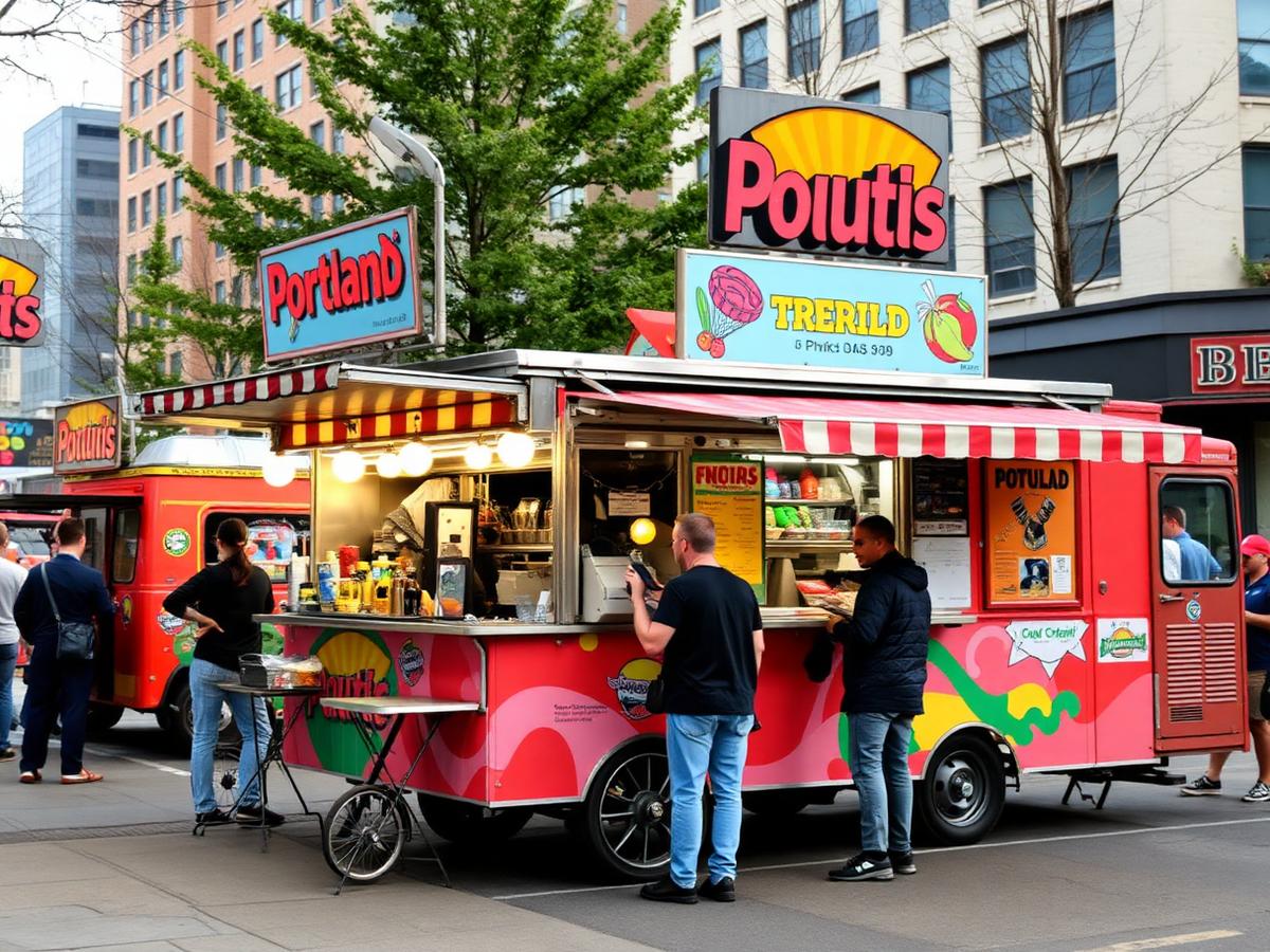 Portland food cart pod with colorful trucks