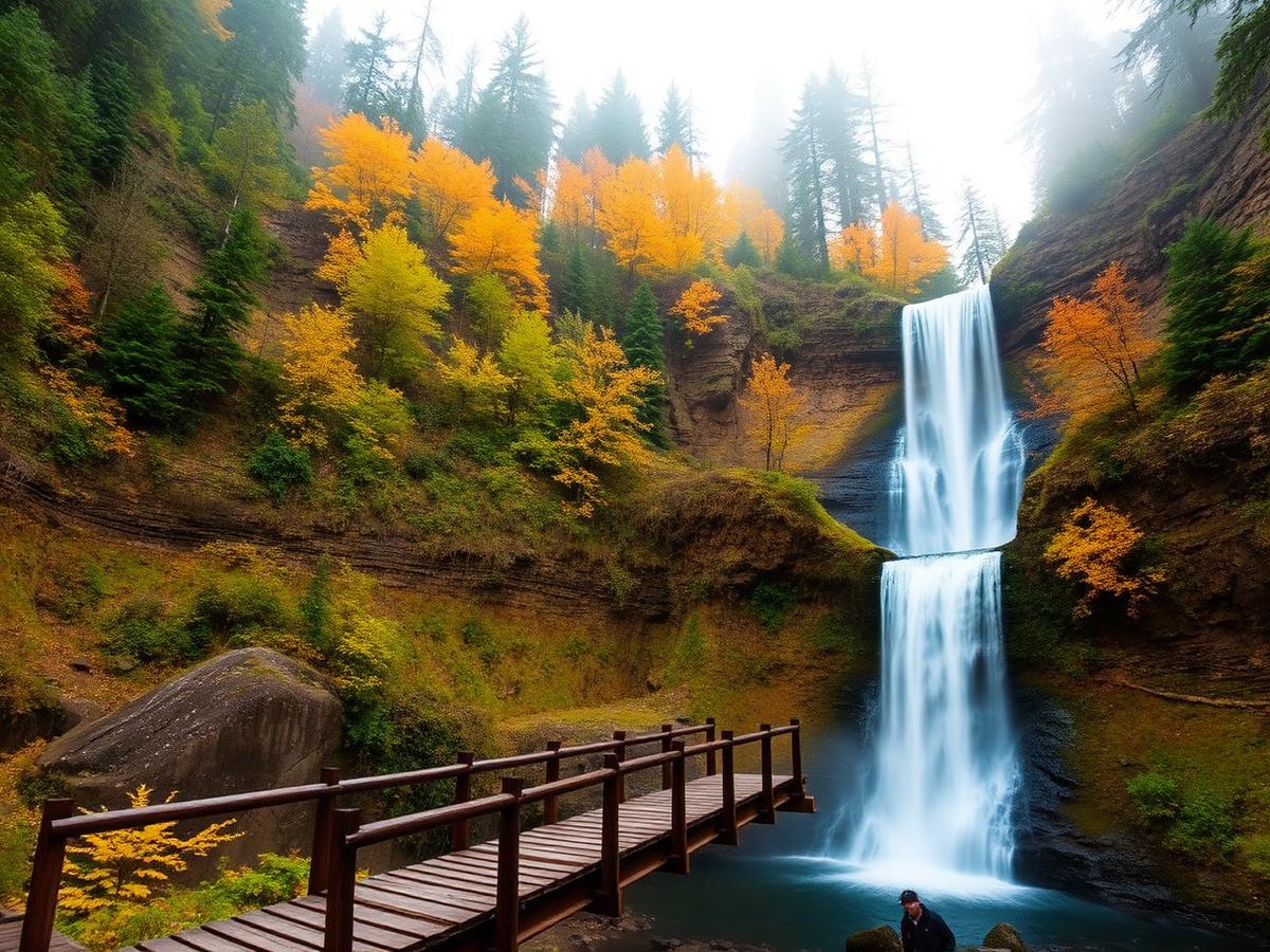 Multnomah Falls cascading down mossy basalt cliffs in autumn