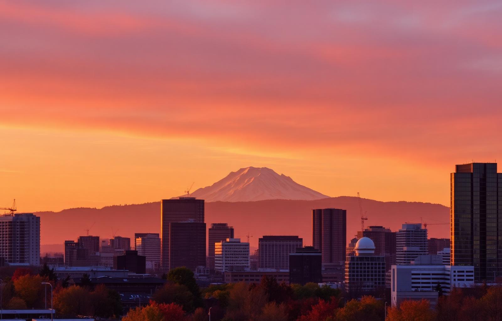 Portland skyline at sunset with Mount Hood