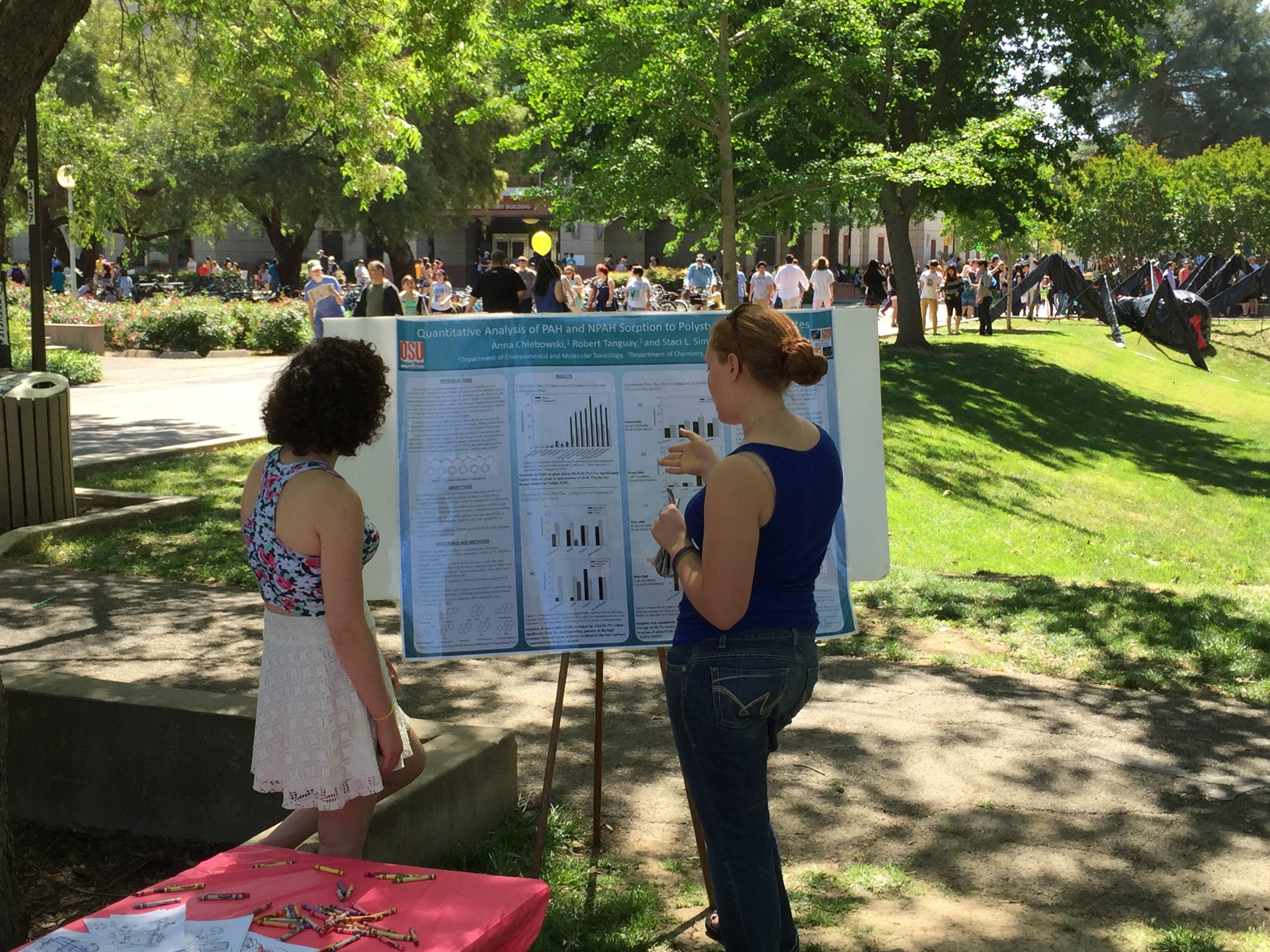 Attendees discussing a research poster at an outdoor poster session
