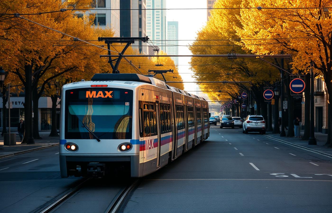 Portland MAX light rail in autumn